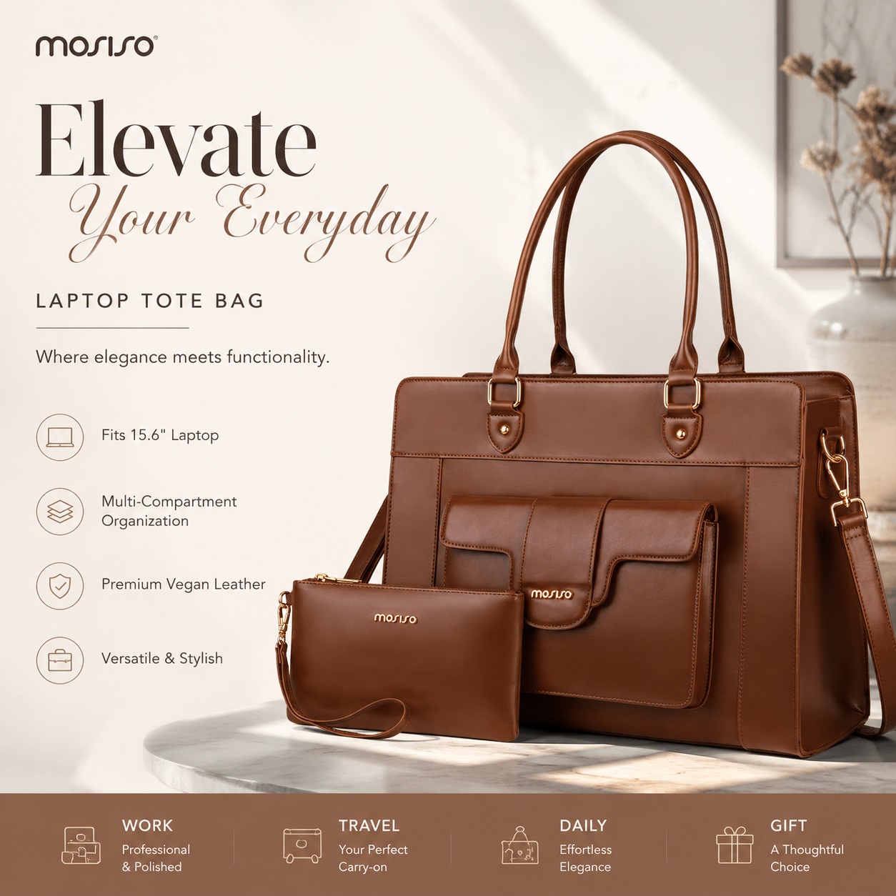 Leather Work Bag Laptop - Tas Jinjing Laptop MOSISO untuk Wanita